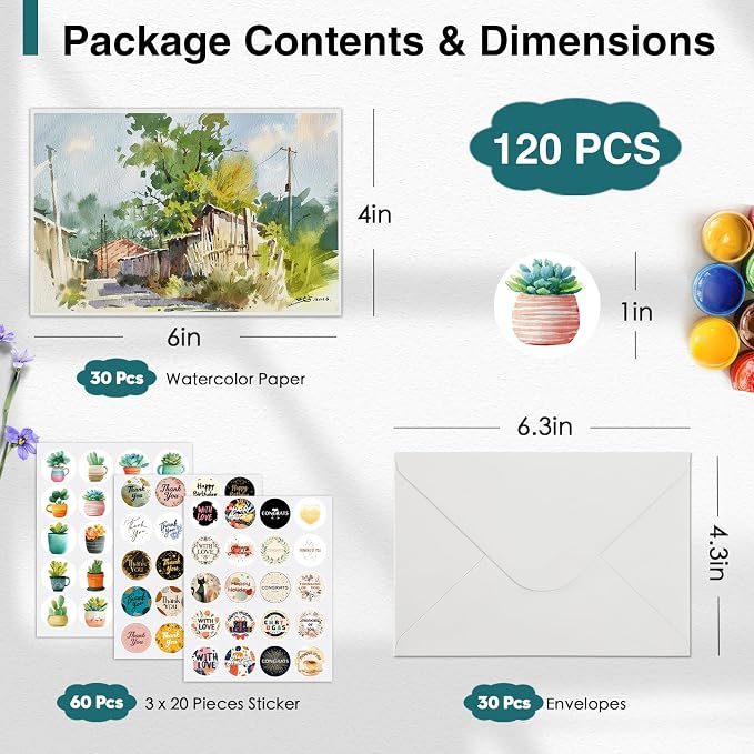 30 Pack Blank Watercolor Cards with Envelopes 4 x 6 Inch 140lb/300gsm