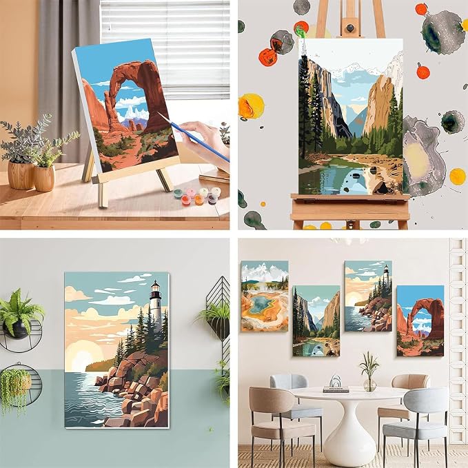 National Park Paint by Numbers for Adults with Framed Canvas - Wooden Easel | 4 Pack Paint by Number on Canvas, DIY Landscape Acrylic Oil Painting Kits with Brushes for Home Wall Decor (8x12 inch)