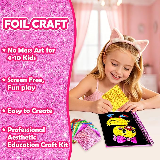FUNNYB&G Foil Art Craft Kit for Kids, Sparkly Birthday Gift Toy for Kids | No Mess, Kids Ages 4-10 Create Sparkling Artwork, A Creative Gift for Birthdays, Holidays, Travel Activities,Screen-Free Fun
