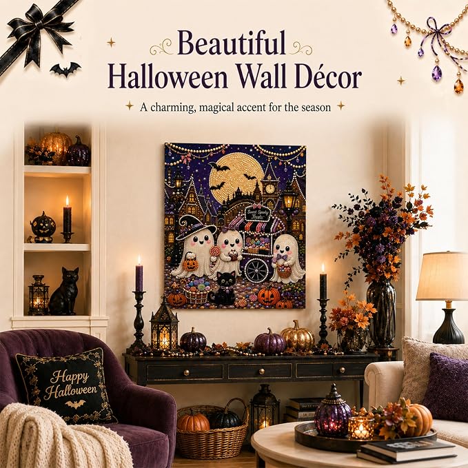 DIY Christmas Pearl Diamond Painting Kit, 5D Pearl Art Craft for Adults and Beginners, Christmas Church and Jesus Wall Decor, Holiday Gifts, 12 x 16 Inch (Halloween Design C)