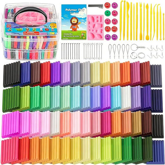 CiaraQ 60-Color Polymer Clay Oven Bake Modeling Kit | 14 sculpting tools, silicone mold, accessory pack, guide. Great for gifting, school, home, kids & artists.