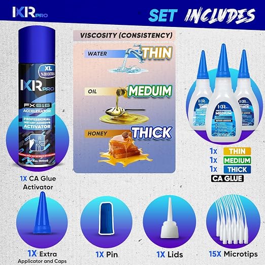 CA Glue with Activator Kit – 6 x 1.75 oz (Thin, Medium, Thick) + 2X 16.9 fl oz Accelerator Spray, Cyanoacrylate Super Glue for Woodworking, 3D Printing, Plastic, Guitar Repair & Hobby Projects