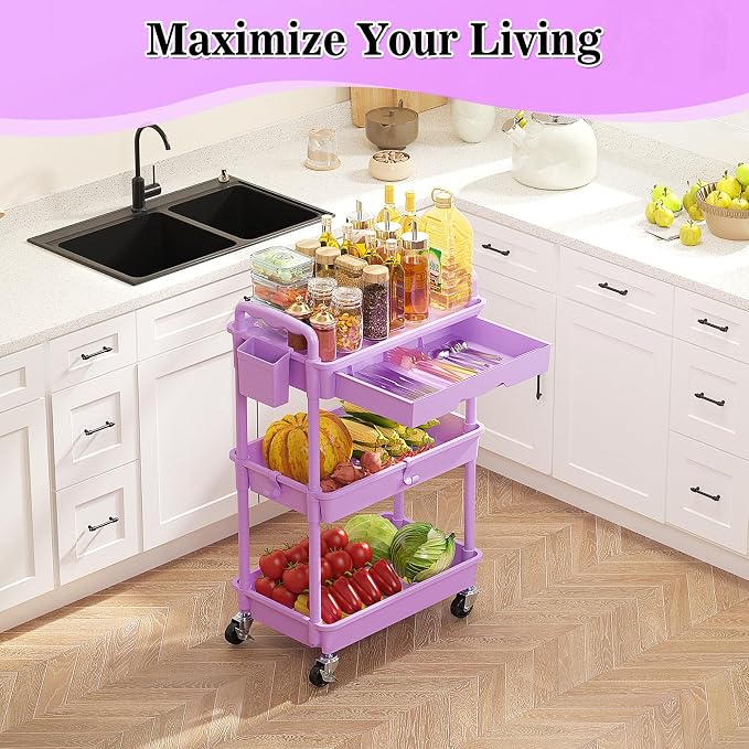 SUNALLY 3 Tier Rolling Cart with Drawer,Craft Storage Cart Organizer,Purple