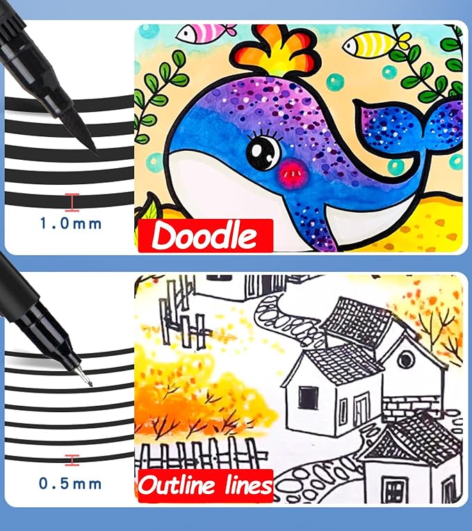 Black Double Tip Brush Pens Art Markers,12 Colored Artist Fine Brush Pen Coloring Markers for Adult Drawing Art Craft Kit