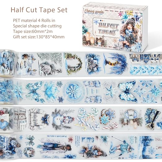 Snycler Pre-Cut PET Washi Tapes- 4 Rolls Blue Snowflake