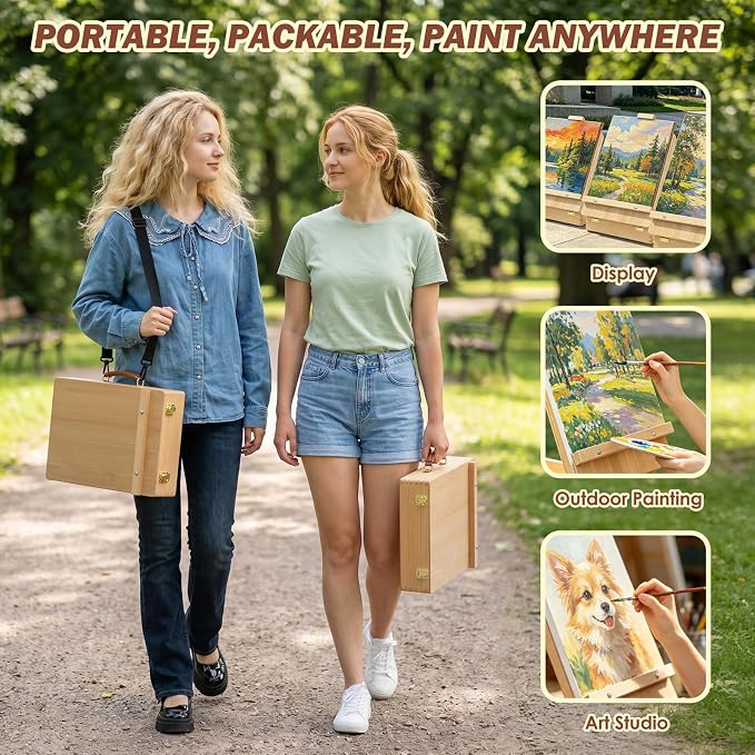 Tabletop Easel for Painting, Adjustable Beechwood Sketchbox, Portable | Features detachable shoulder strap for travel, Large storage box with adjustable angles for adults, artists & beginners
