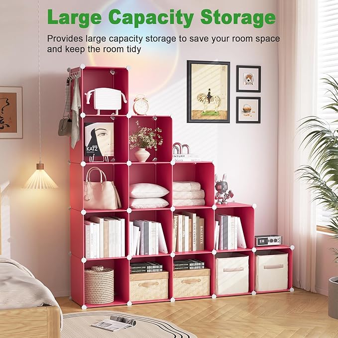 C&AHOME 16 Cube Storage Organizer Cube Shelves Units Storage Cubes, Red