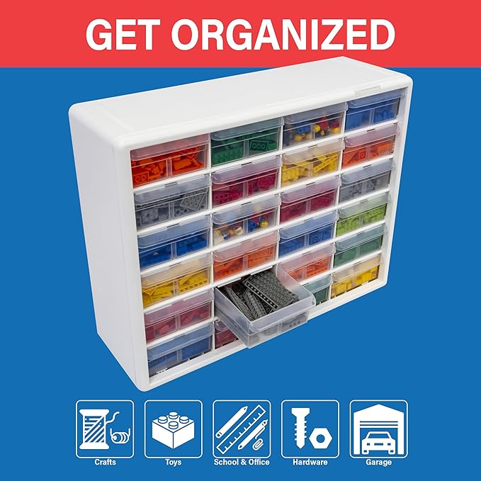 Akro-Mils 24-Drawer Plastic Storage Cabinet, 20" W x 6" D x 16" H, White | Plastic Cabinet w/ Drawers for Garage Organization, Beads, Building Bricks Storage, Teacher Toolbox, Makeup Organizer, 10124