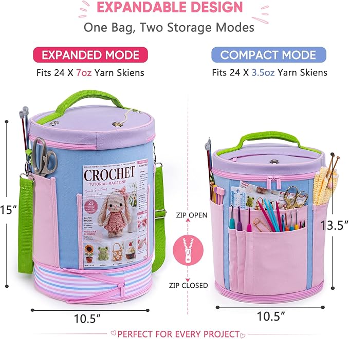 Canvas Yarn Storage Organizer with Removable Dividers, Crochet&Knitting Bag | Expandable canvas yarn organizer with removable dividers, yarn feed holes, project storage and multiple tool pockets