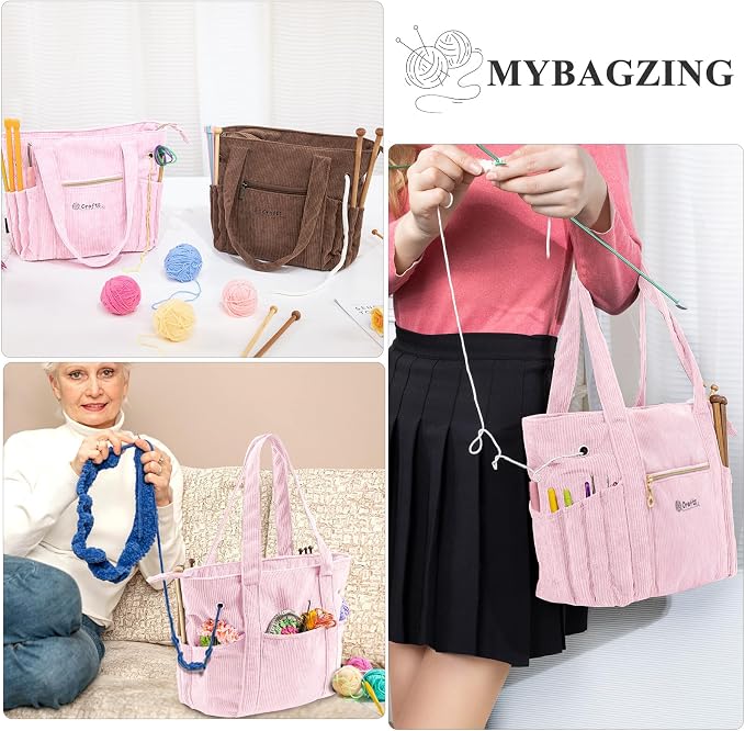 MYBAGZING Corduroy Crochet Bag 11.5" Large Yarn Storage Tote with Grommets, Needle Holders – Knitting Bag Organizer for Crochet Hooks, Accessories, Tools & Projects –Gift for Knitters & Crafters