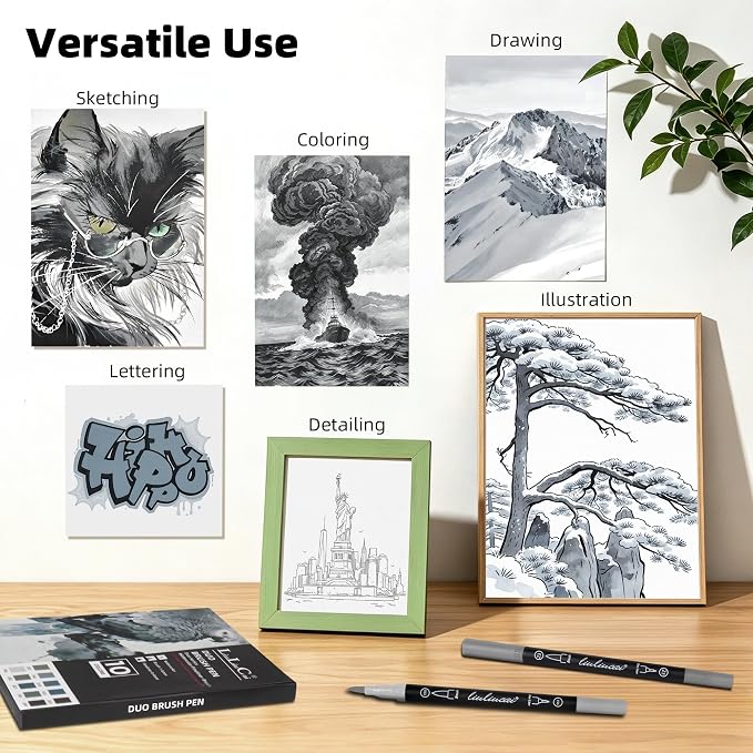 LIULIUCAI 10 Gray Dual Markers, Fine & Brush Tip Pen for Adult Coloring