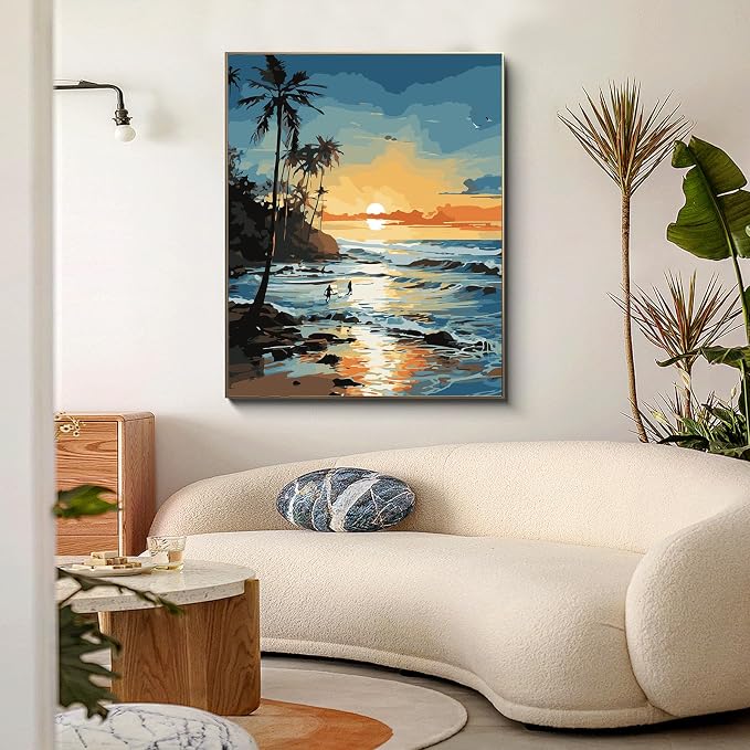 PRASIO Paint by Numbers Kit for Adults Beginner, Beach Paint by Number, DIY Acrylic Adult Paint by Number Kits on Canvas for Home Decor Gift 16x20 Inch