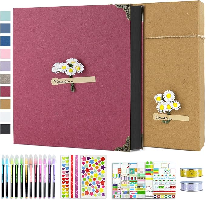 Vienrose DIY Scrapbook Photo Album Kit with Pens Tapes and Stickers 60 Pages Hardcover 12x12 Inches 3 Rings Removable Black Paper Scrapbooking for Lover Friends Kids Wedding Red | 30 Sheets,Hardcover,3-Ring Removable Black Paper,Pens,Tapes,Stickers,Gif...