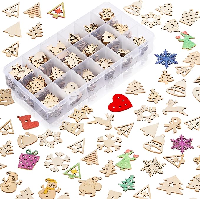 300 Pieces Unfinished Mini Wooden Christmas Ornaments DIY Wooden Christmas Ornaments Mini Blank Wood Slice Cutout Xmas Craft for Holiday Winter Xmas Tree Hanging Decoration DIY Craft,30 Styles