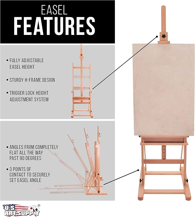 U.S. Art Supply Medium Wooden Studio H Frame Easel with Storage Tray
