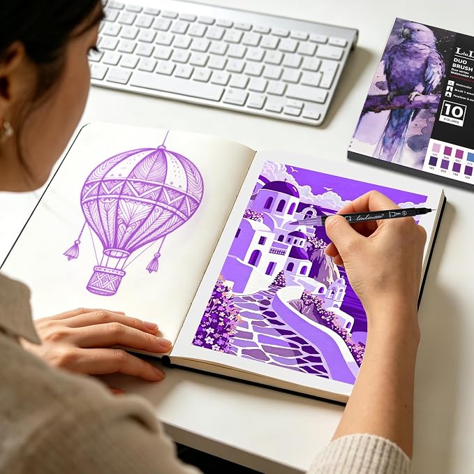 LIULIUCAI 10 Purple Dual Marker, Fine & Brush Tip Pen for Adult Coloring