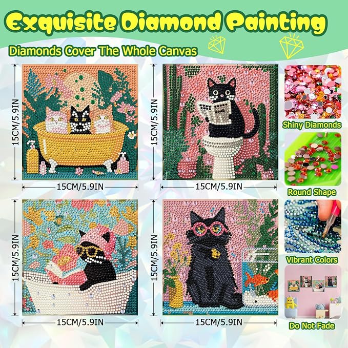 ICYANART 4 Pack Cat Diamond Art for Kids, Cat Diamond Art Kids Easy 6x6Inch | Cat Diamond Art for Kids Ages 4-6-8-12 , Small Diamond Art Kits for Kids, Easy Art and Craft for Kids (no Frame)