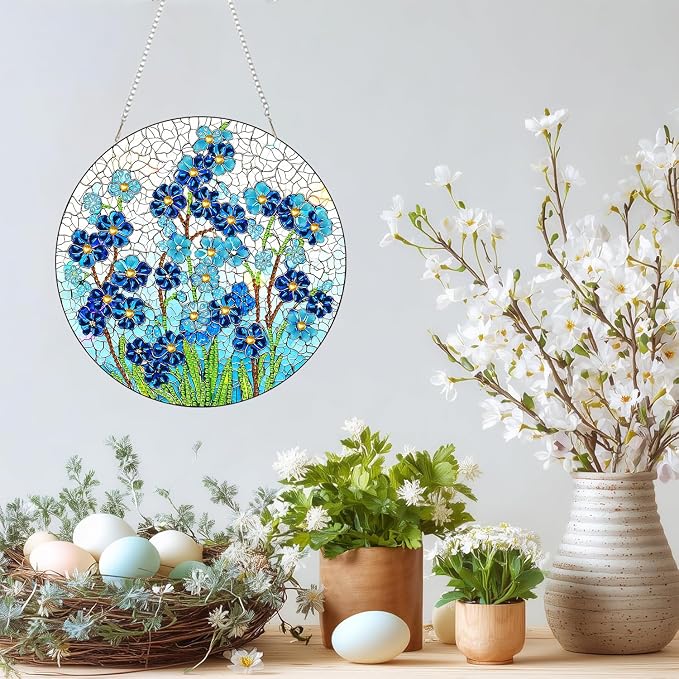 RYMILIE Hanging Diamond Art Kits for Adults Blue Flowers 8x8inch