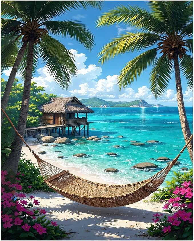 Gemozaic Beach Paint by Numbers Kit for Adults, 16 x 20 Inch, No Frame | Tropical Landscape Paint by Number for Adult, Seaside Palm Trees DIY Acrylic Oil Numbers Painting for Home, Wall Decor, Gift