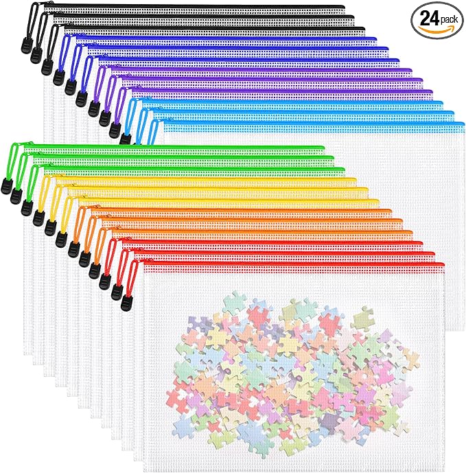 24pcs Mesh Zipper Pouch Bags, A4 Letter Size 8 Colors Zipper Bags for Classroom Organizing, Clear Pouches with Zipper, Waterproof Mesh Bags for Office School Supplies, Home Organize, Travel Storage