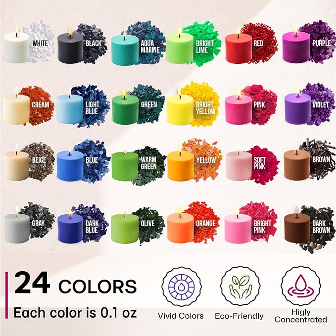 Candle Wax Dye for Soy Candle Making - 24 Color Chips in Jars | Premium Candle Wax Coloring - Highly Concentrated Candle Chips Colors in Jars