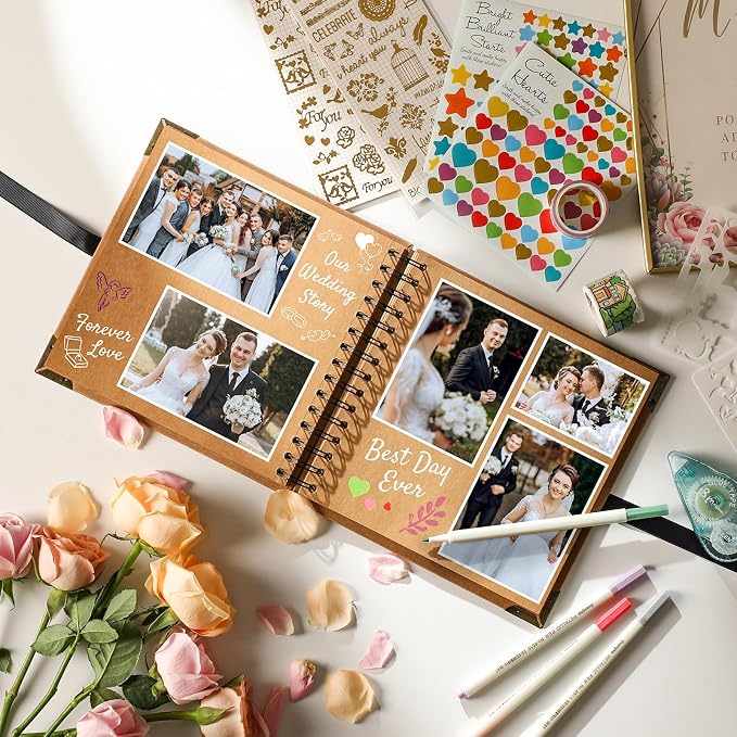 8 x 8 Inch Scrapbook Album 60 Pages with Scrapbooking DIY Kits. Window Photo Album with Scrapbook Tapes Stickers and Metallic Markers. Craft Memory Book for Wedding Baby Birthday Family Anniversary
