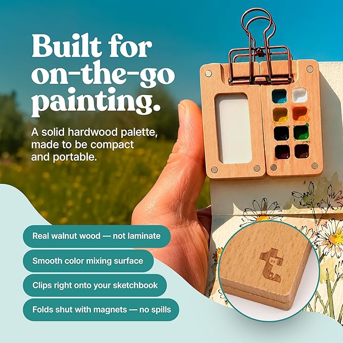 Tobios Watercolor Paint Set – Mini Travel Kit with 12 Colors & Water Brush | Includes refillable water brush, wooden palette & sketchbook; portable painting set for beginners, journaling & gifts