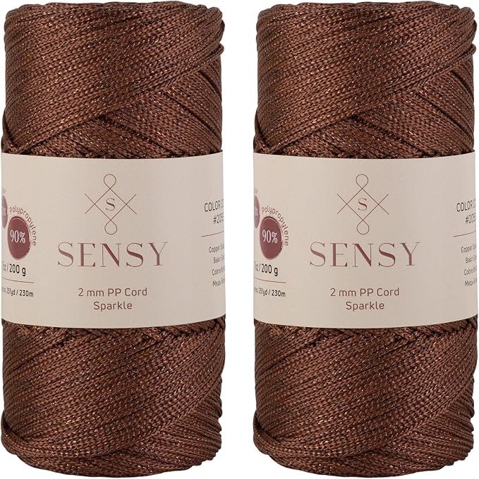 2 Pack of Sensy Premium 2mm 251 Yards Sparkle Polyester Rope 90% Polypropylene 10% Polyester Cord Macrame Cord 2mm Crochet Bag Cord Macrame Rope Crochet Thread Gift for Knitter (Copper Sparkle)