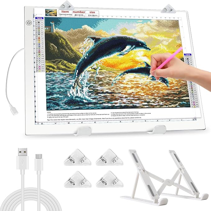 Zocelight A4 Light Pad for Diamond Art kit for Adults,Ultra Thin Light Board with Stand and Clip for Diamond Painting Accessories,3 Levels Dimming Light Box for Drawing,Sketching,Animation(White)