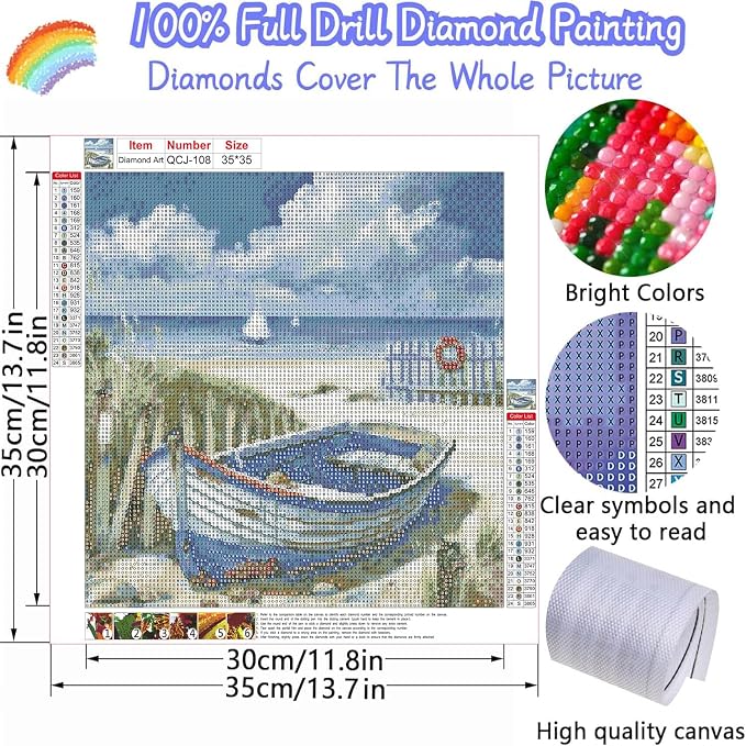 Accompany Wind Beach Scenery Diamond Art Kits for Adults, 5D Boat Diamond Painting Kits for Beginners,DIY Round Full Drill Diamonds Gem Art Crafts for Home Wall Decor Gifts 14x14 Inch