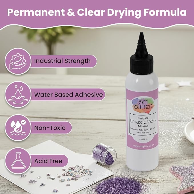 Art Institute Glitter Designer Dries Clear Glue, 4oz with Metal Tip & Pin | Ultra fine steel nozzle, Precision flow for intricate projects, Quick drying bond, Still allows time to adjust materials
