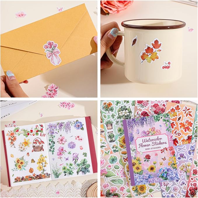 800+ PCS Floral Sticker Book for Journaling Supplies, Leaf Flower Watercolor Botanical Stickers for DIY Craft Scrapbooking Aesthetic Room Decor Junk Journal Bullet Journals Collage