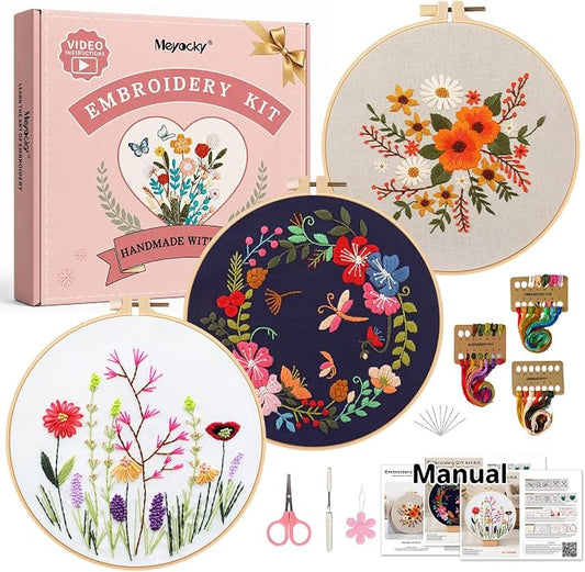 Meyocky Embroidery Kit for Beginners with Floral Leaf Patterns& HD Videos | 3 Pre-Printed Flower Embroidery Starter Kit for Adults, Step-by-step Instructions Hoop Threads, Gift for Women Craft Lovers