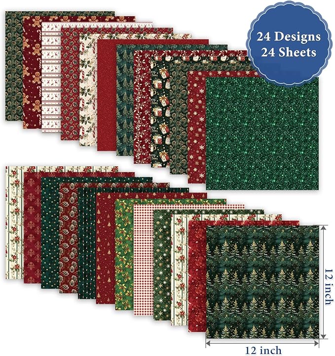 Christmas Scrapbook Paper Double Sided - 24 Sheets 12 x12 in Printing Pattern Decoupage Decorative Craft Paper Pad for Junk Journals Bullet Journal Card Making