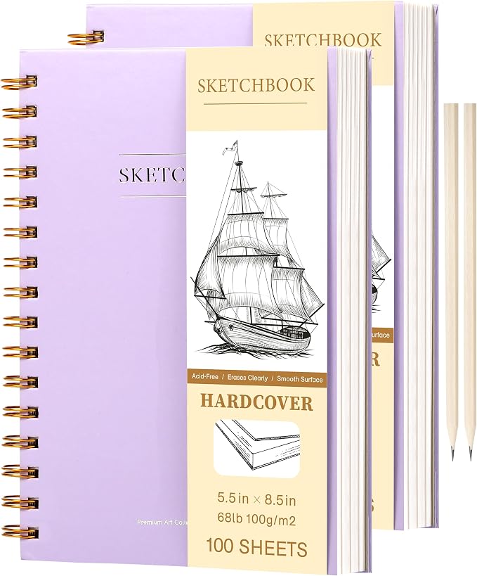 Yoment Small Sketch Book 5.5"x8.5",Mini Sketchbook,Spiral Bound,200 Sheets | Purple,2-Pack,68 lb/100gsm Hardcover Sketch Pad for Kids,Art Sketchbook Drawing Pad Book with Pencil,For Beginners,Artists