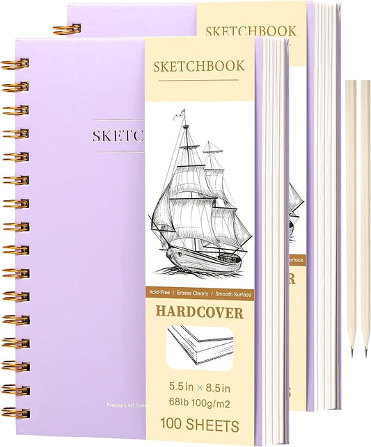 Yoment Small Sketch Book 5.5"x8.5",Mini Sketchbook,Spiral Bound,200 Sheets | Purple,2-Pack,68 lb/100gsm Hardcover Sketch Pad for Kids,Art Sketchbook Drawing Pad Book with Pencil,For Beginners,Artists