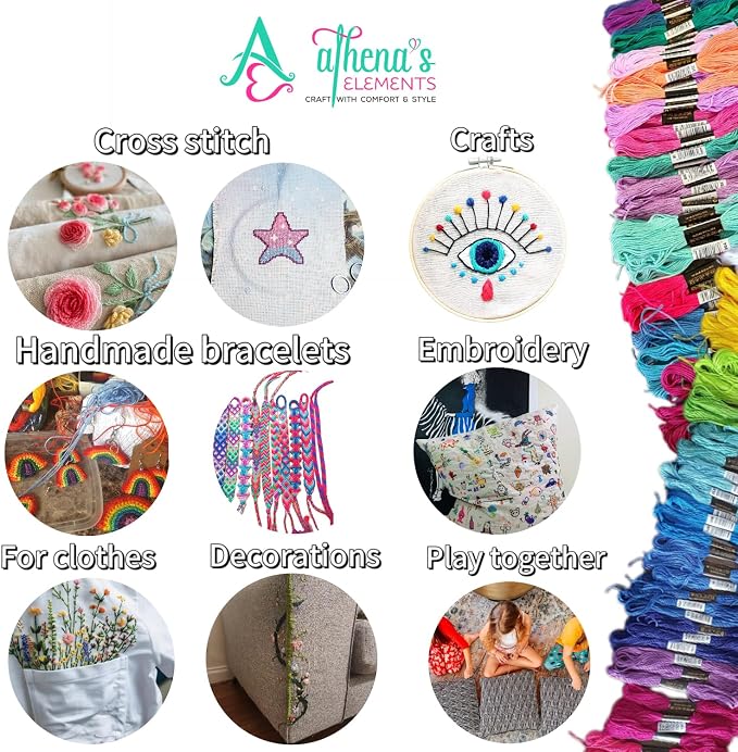 Athena’s Elements Embroidery Floss | Rainbow Thread for Embroidery, Cross Stitch Thread, Crafting Arts Embroidery Strings Bulk (Rainbow, 110pc)
