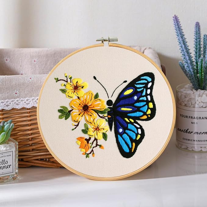 Santune 3 Pack Embroidery Kit for Beginners Adults Cross Stitch Kits with Butterfly Patterns and Instructions,DIY Hand Crafts with 1 Hoop,Threads and 6 Needles