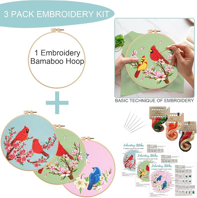 Nuberlic 3 Pack Embroidery Kit for Beginners with Cardinal & Blue Bird