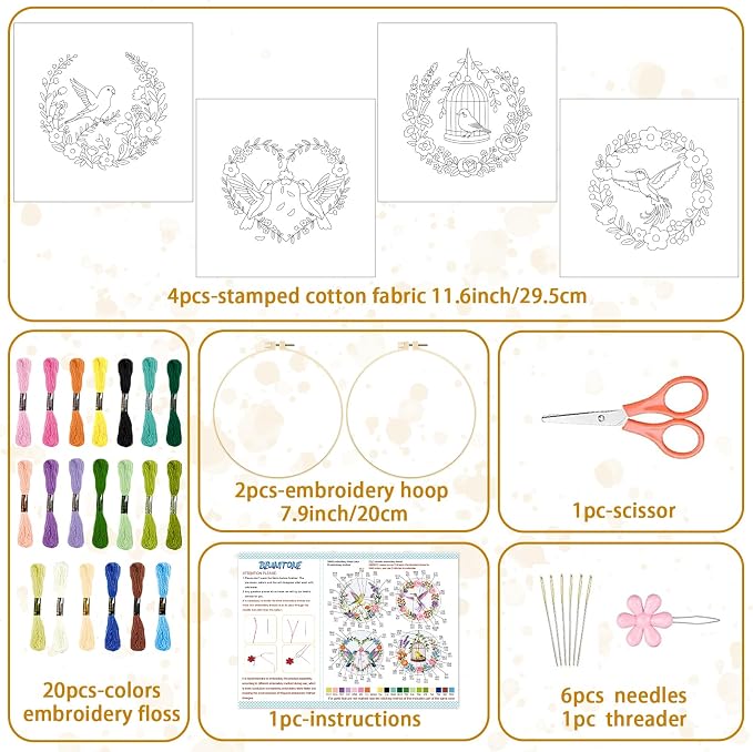 BEUNITONE 4 Set Wreath and Bird Pattern Embroidery Kit for Adult Beginners | DIY Complete Needlepoint Kits for Adults, Handmade Embroidery with Hoops and Instructions Gifts for Fabric Home Decor 20x20cm
