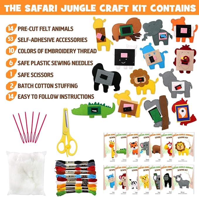CiyvoLyeen Kids Sewing Kit Crafts – DIY Safari Jungle Animals Felt Plush Ornaments Sewing Set for Girls & Boys Ages 7–12, Beginner Craft Kit Set of 14