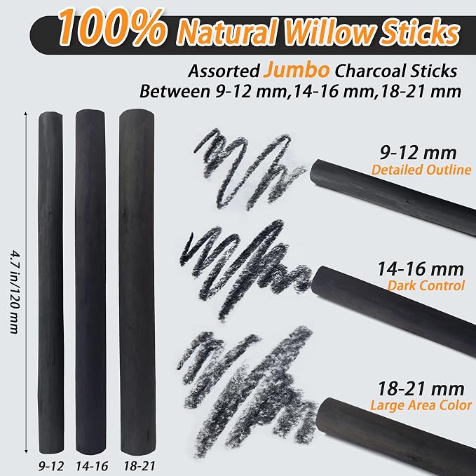 Willow Charcoal Sticks, 18-21MM Jumbo Willow Charcoal Pencils for Artists, Beginners, Students, 2 Pcs Natural Charcoal Stick for Sketching, Drawing, and Shading