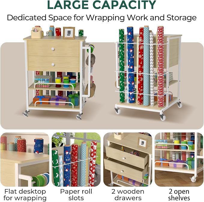 Wrapping Paper Storage & Organizer, Craft Cart with Ribbon & Gift Bag Storage, Wrapping Paper Organizer Holder(2 Wooden Drawers-Oak)