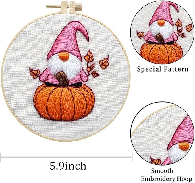 LB Pink Fall Embroidery Kit for Beginners Adults, 3 Sets Hand Embroidery Starter Kit with Gnome Pattern and Instructions Stamped Cross Stitch Kits Include Embroidery Hoop Needles Threads Scissors