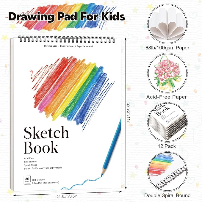 12 Pack Sketch Books, 8.5 × 11 in, Spiral Bound, 100gsm, Acid Free | 30 Sheets Each, 68lb Paper, Works with Pencil Charcoal & Crayon, Portable for School Travel & Beginner Artists