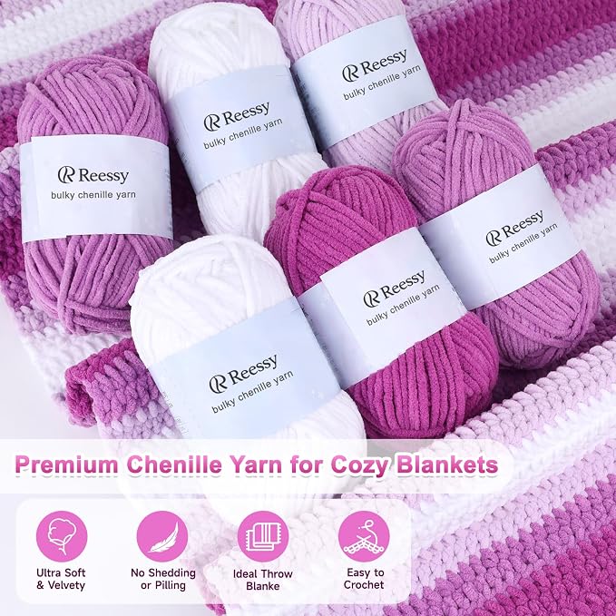 Reessy Crochet Blanket Kit for Beginners Adults – Gradient Purple Ombre Throw Blanket Kit with Soft Chenille Yarn, Hooks & Instructions – Handmade Crochet Starter Set for Adults
