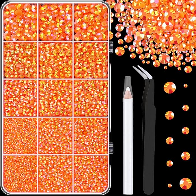 16000Pcs Resin Rhinestones with Tweezers for Crafting, Orange AB 2-6mm Mixed Sizes Non Hotfix Flatback Gems, Bedazzling Crystal for DIY Crafts Clothing Tumblers Mugs Shoes Fabric Decor Nail Art