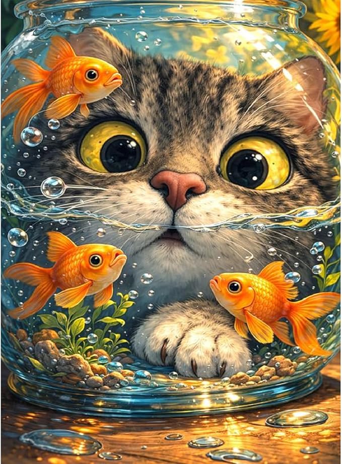 Cat Goldfish Paint by Numbers Kit for Adults Framed Canvas, Frameworkless | Easy Adult Paint by Number Kits on Canvas DIY Cat Goldfish Painting for Beginners Art by Numbers for Home Wall Decor 12X16 in