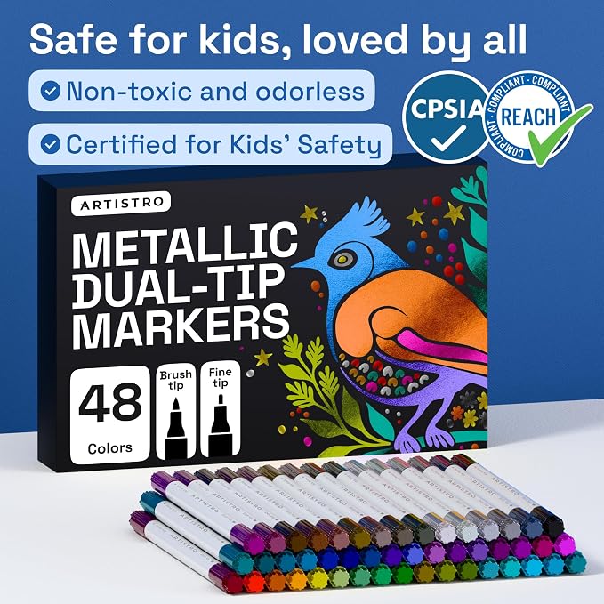 ARTISTRO Metallic Dual-Tip Acrylic Paint Marker Pens - Set of 48 | For Fabric, Rock, Glass, Wood, & Coloring Books, Arts & Crafts Gift, Classroom Must Haves & School Supplies (Dot & Fine Tips)