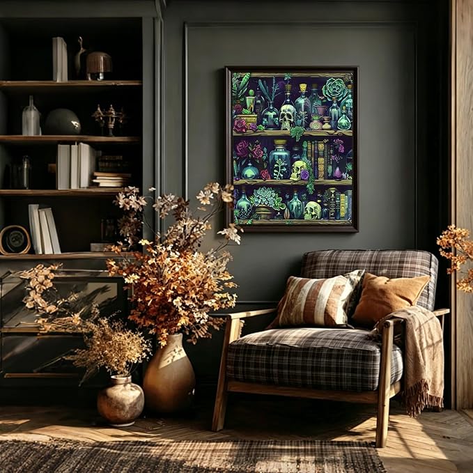 PHANTASYART Gothic Bookshelf Paint by Numbers Kit for Adults 16x20inch | Bookshelf Paint by Number Adult, Goth Skull Painting by Numbers for Adults, DIY Acrylic Painting Kits for Adults